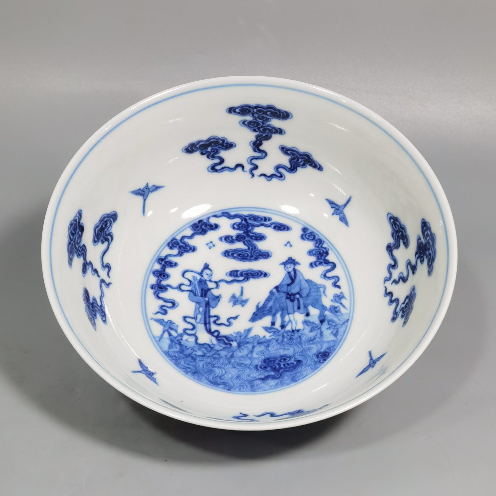 Qing Dynasty Yongzheng yellow ground pastel a pair of blue and white palace bowls with Cowherd