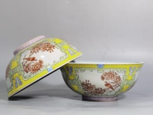 Qing Dynasty Yongzheng yellow ground pastel a pair of blue and white flower palace bowls