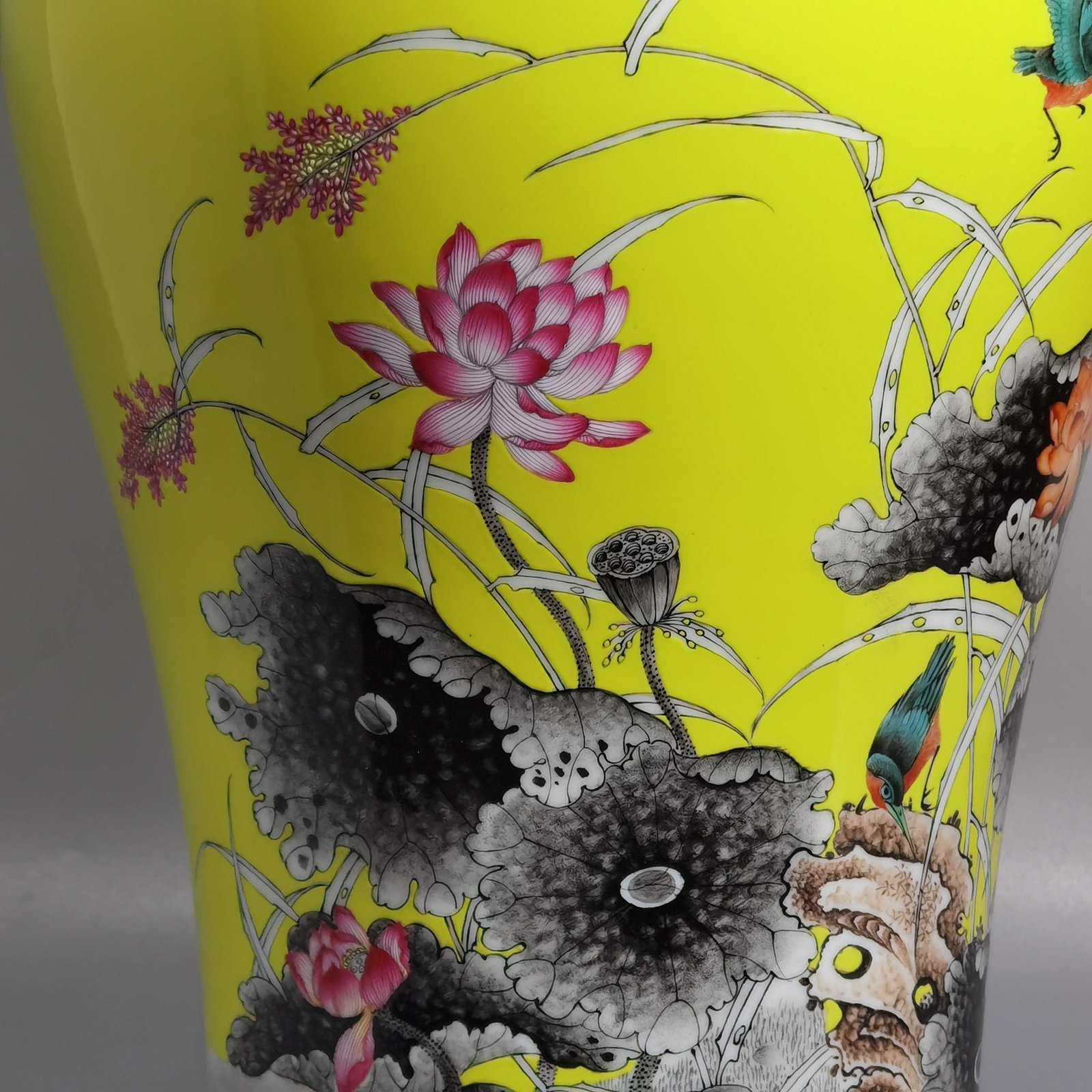 Qing Dynasty Yongzheng yellow ground pastel color lotus and kingfisher plum vase