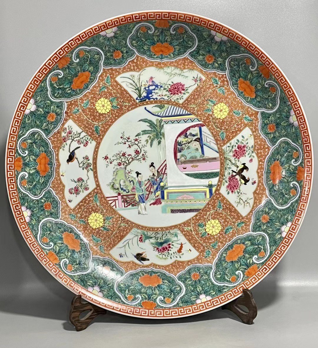 Qing Dynasty Yongzheng an enamel flower and bird dish with entwining branches and a window