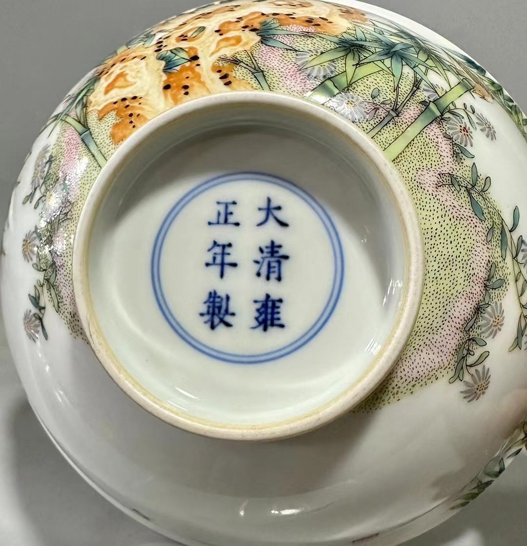 Qing Dynasty Yongzheng enamel flower and bird poetry bowl