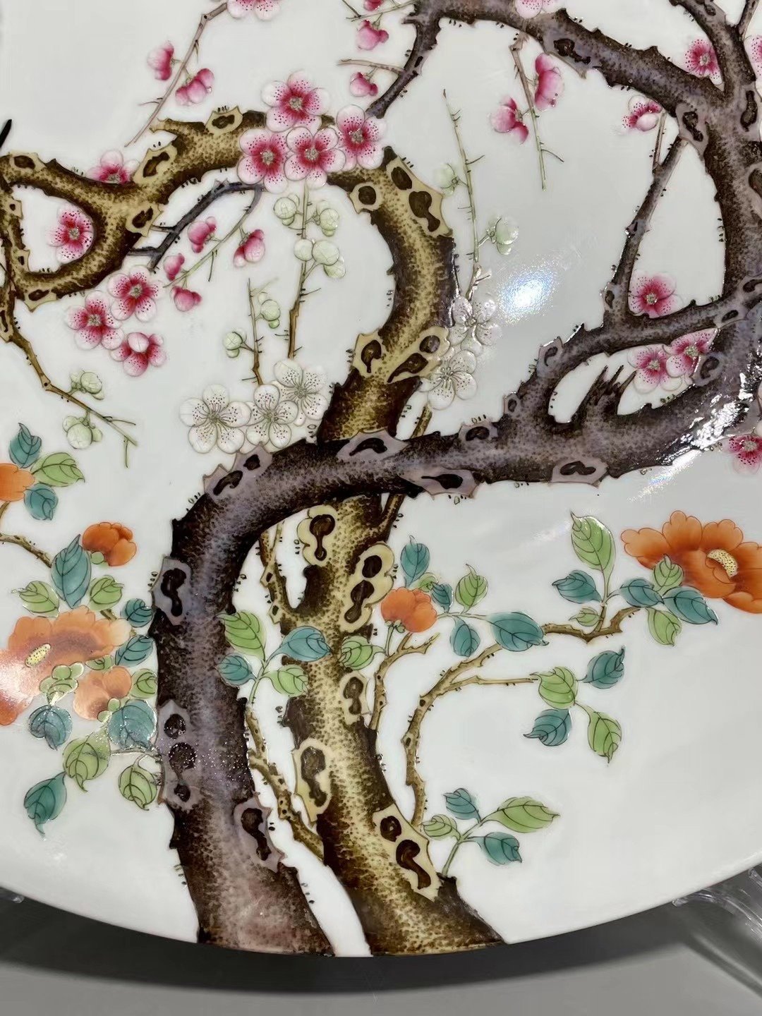 Qing Dynasty Yongzheng pastel paintings of flowers and birds on a branch plate