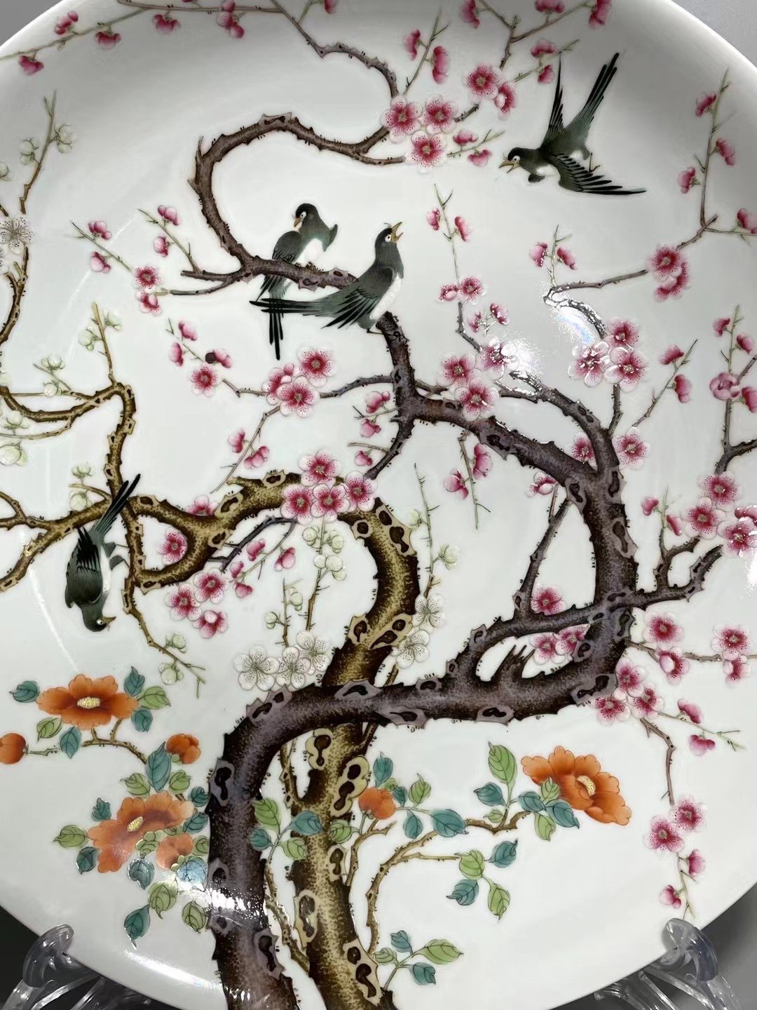 Qing Dynasty Yongzheng pastel paintings of flowers and birds on a branch plate