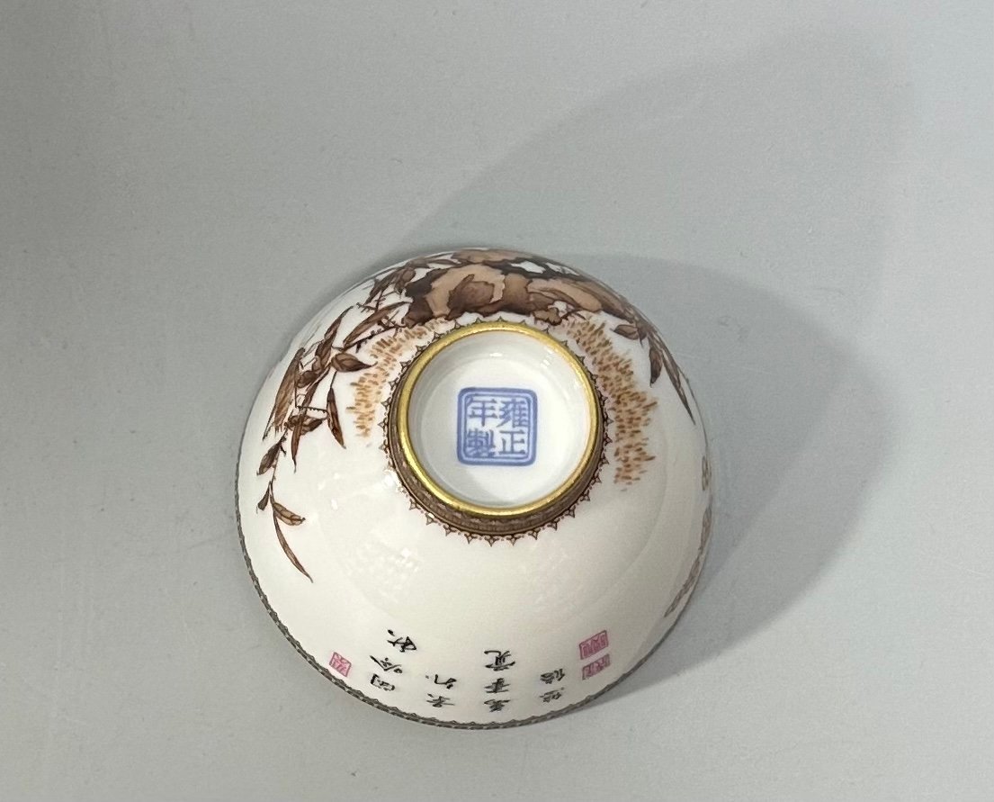 Qing Dynasty Yongzheng Ink and color gold flowers and birds poetry cup