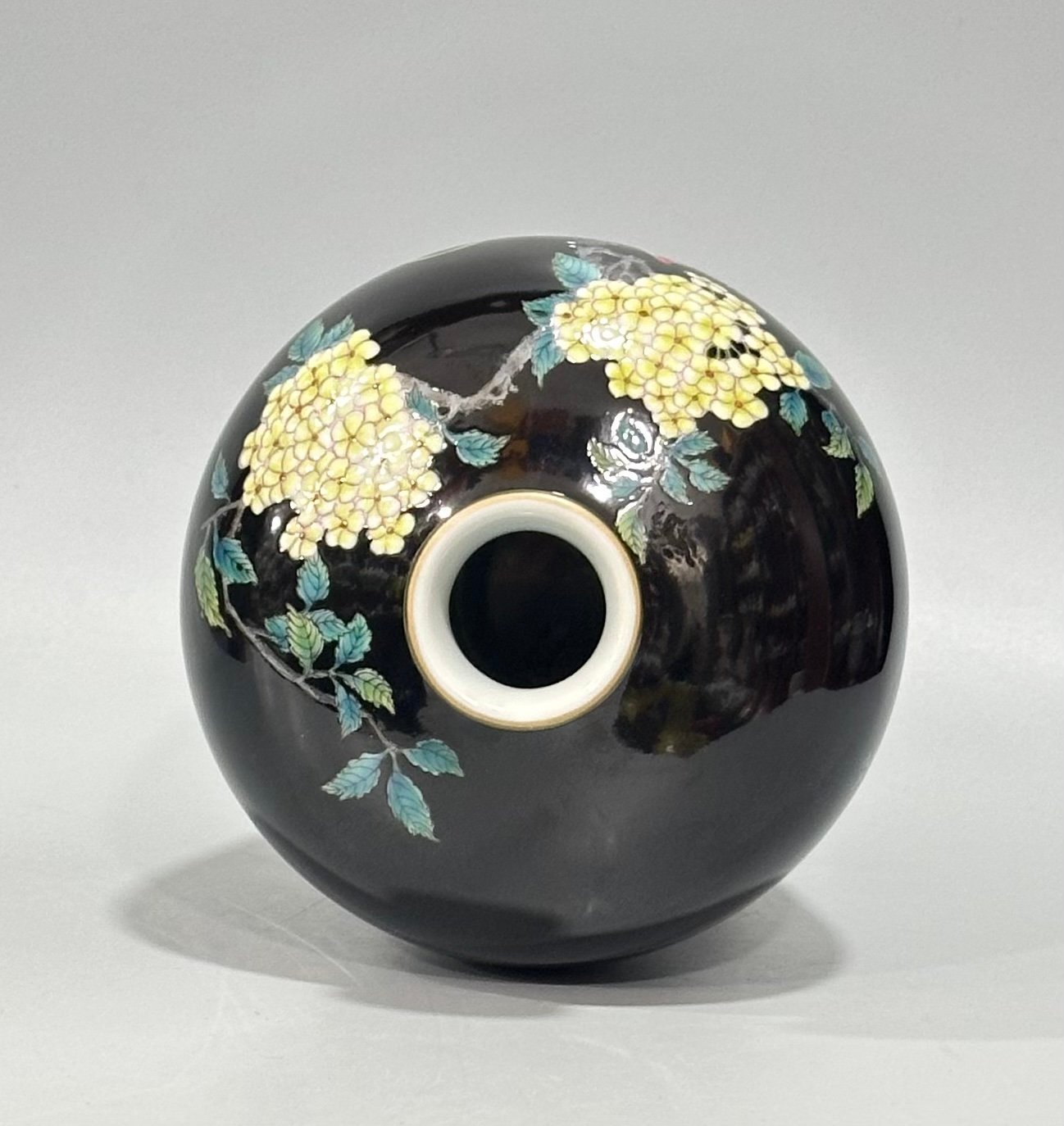 Qing Dynasty Yongzheng enamel black gold glaze small plum vase with flower and bird patterns
