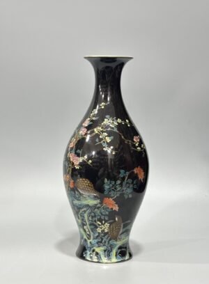 Qing Dynasty Yongzheng Enamel black gold glaze olive vase with flower and bird poetry