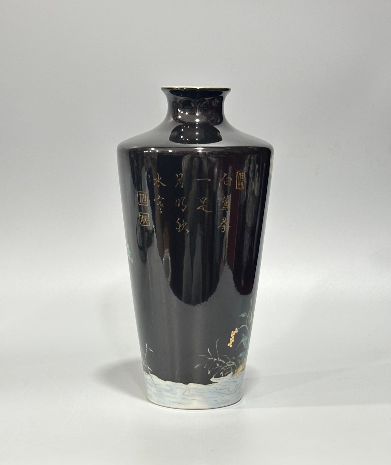 Qing Dynasty Yongzheng Enamel black gold glaze flower and bird poetry straight plum vase