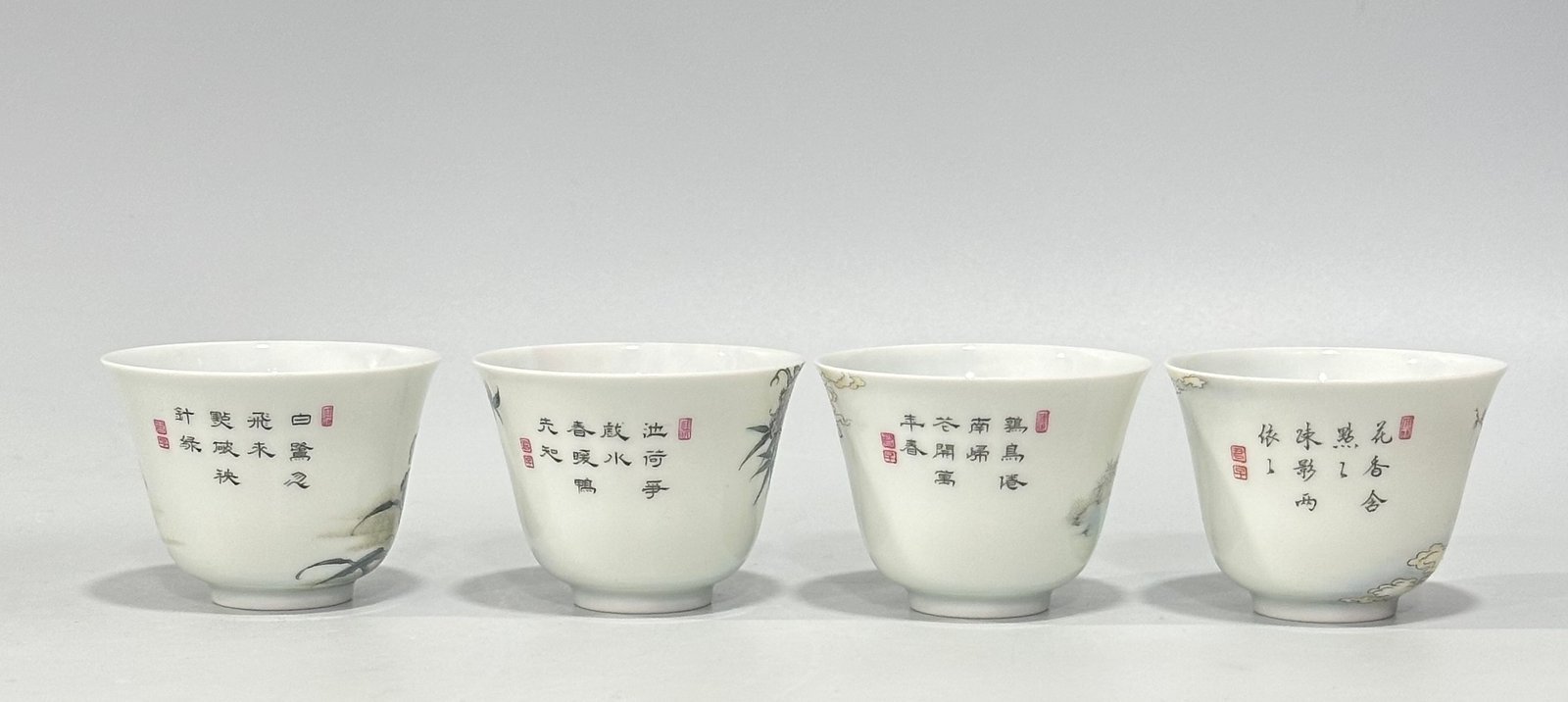 Qing Dynasty Yongzheng A set of enamel cups with flowers and birds and poems about the four seasons