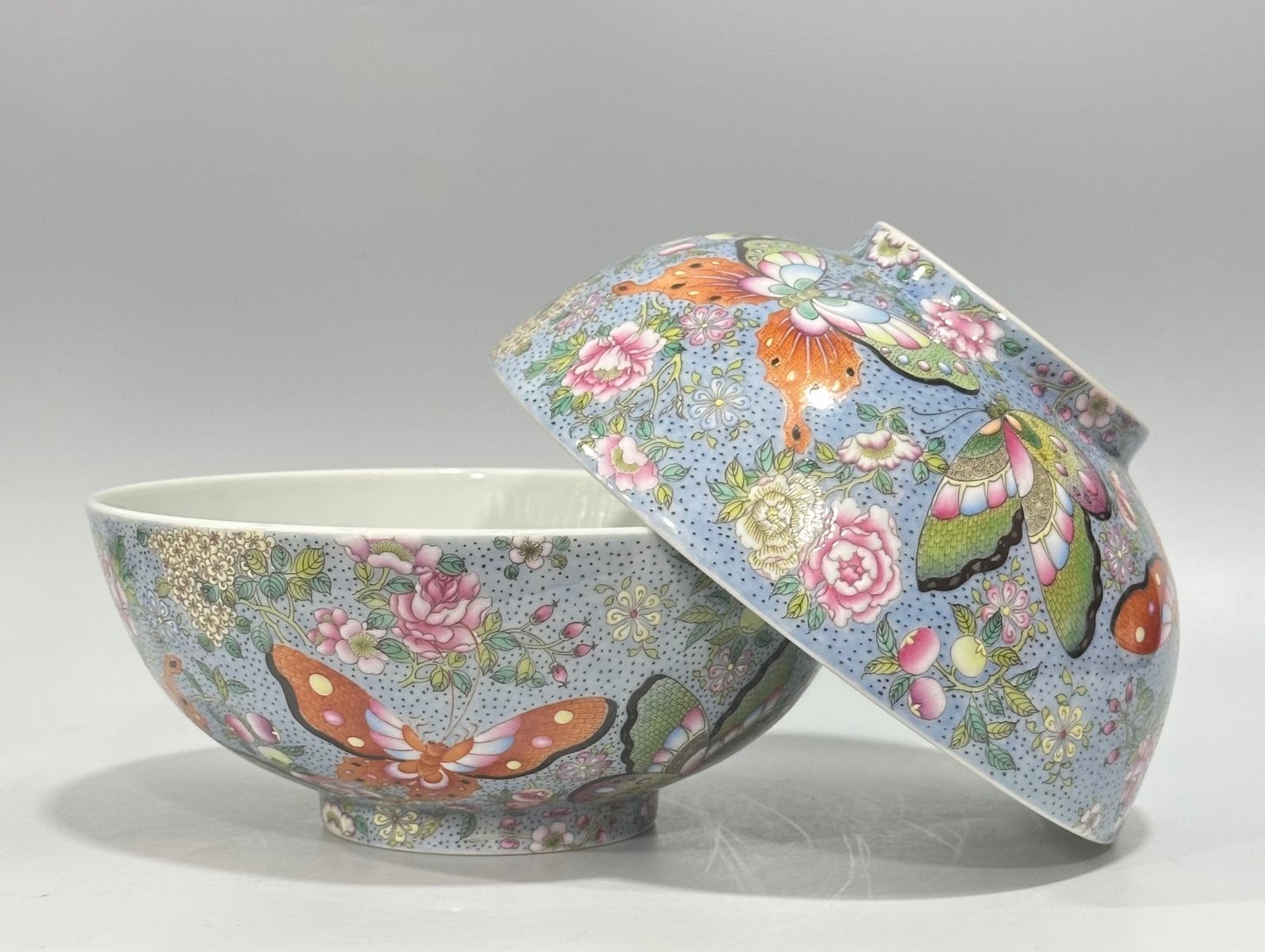 Qing Dynasty Yongzheng enamel bowl with split branches flowers and butterflies