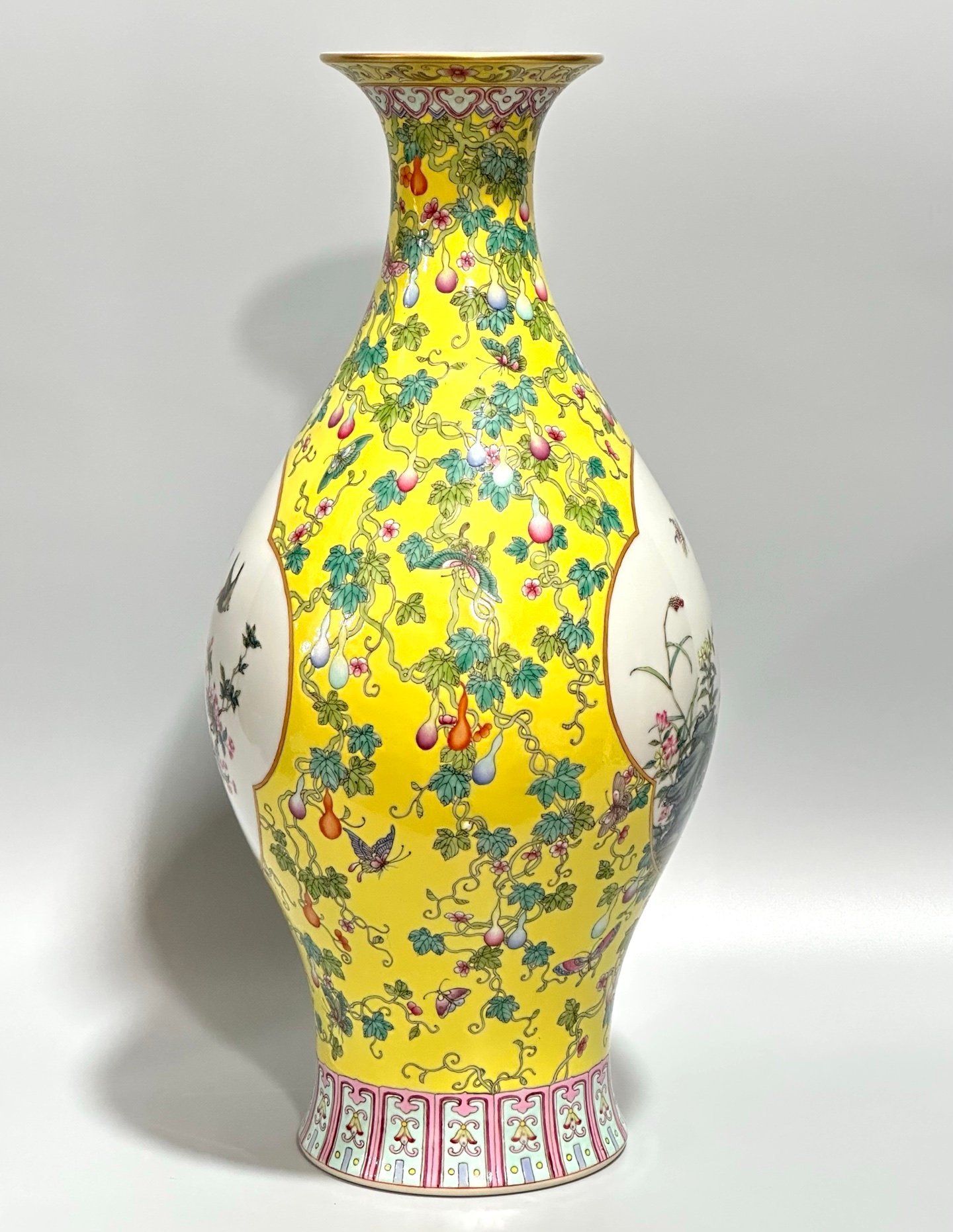 Qing Dynasty Yongzheng Enamel lemon yellow gourd butterfly branches window flower and bird olive vase