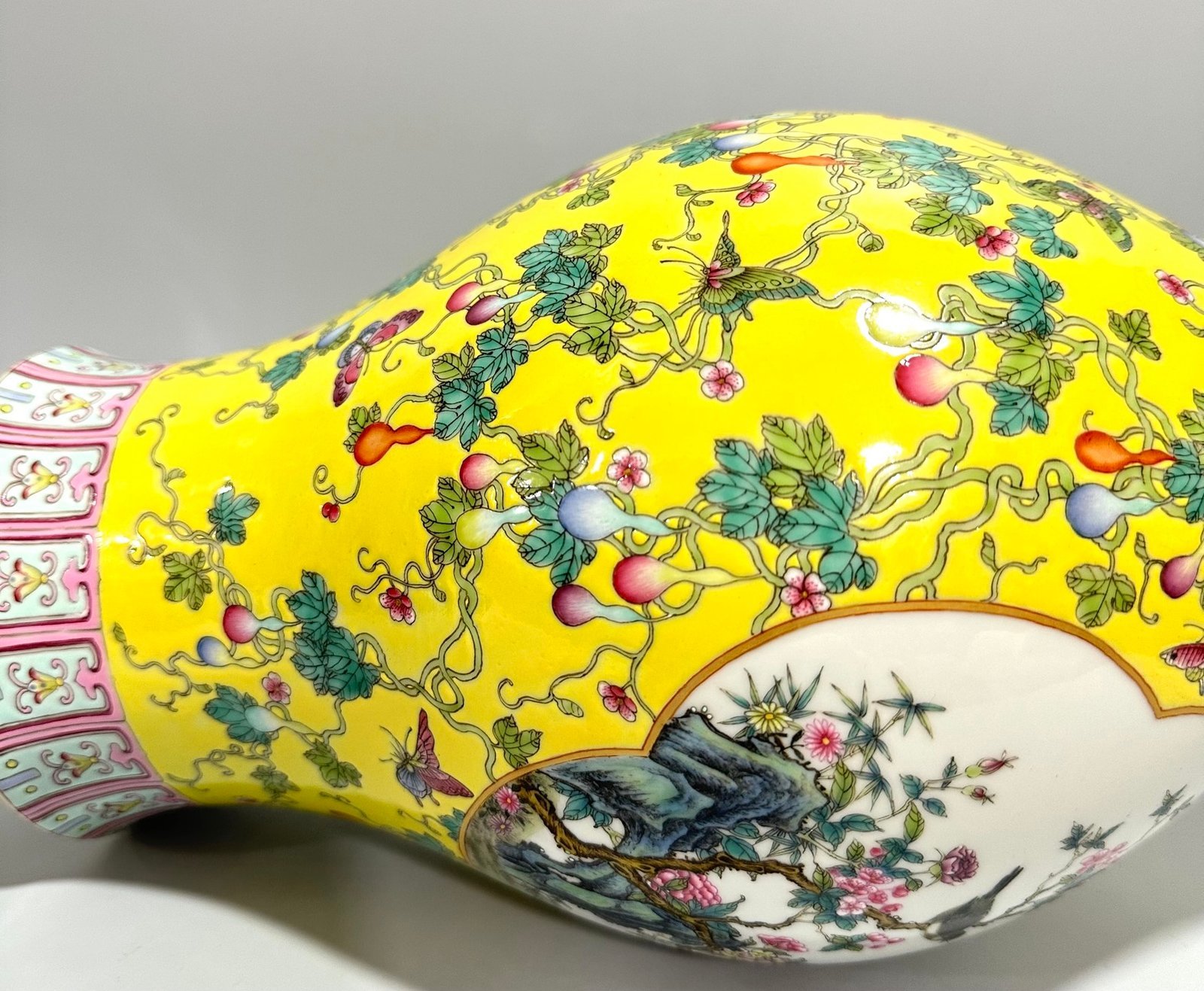 Qing Dynasty Yongzheng Enamel lemon yellow gourd butterfly branches window flower and bird olive vase