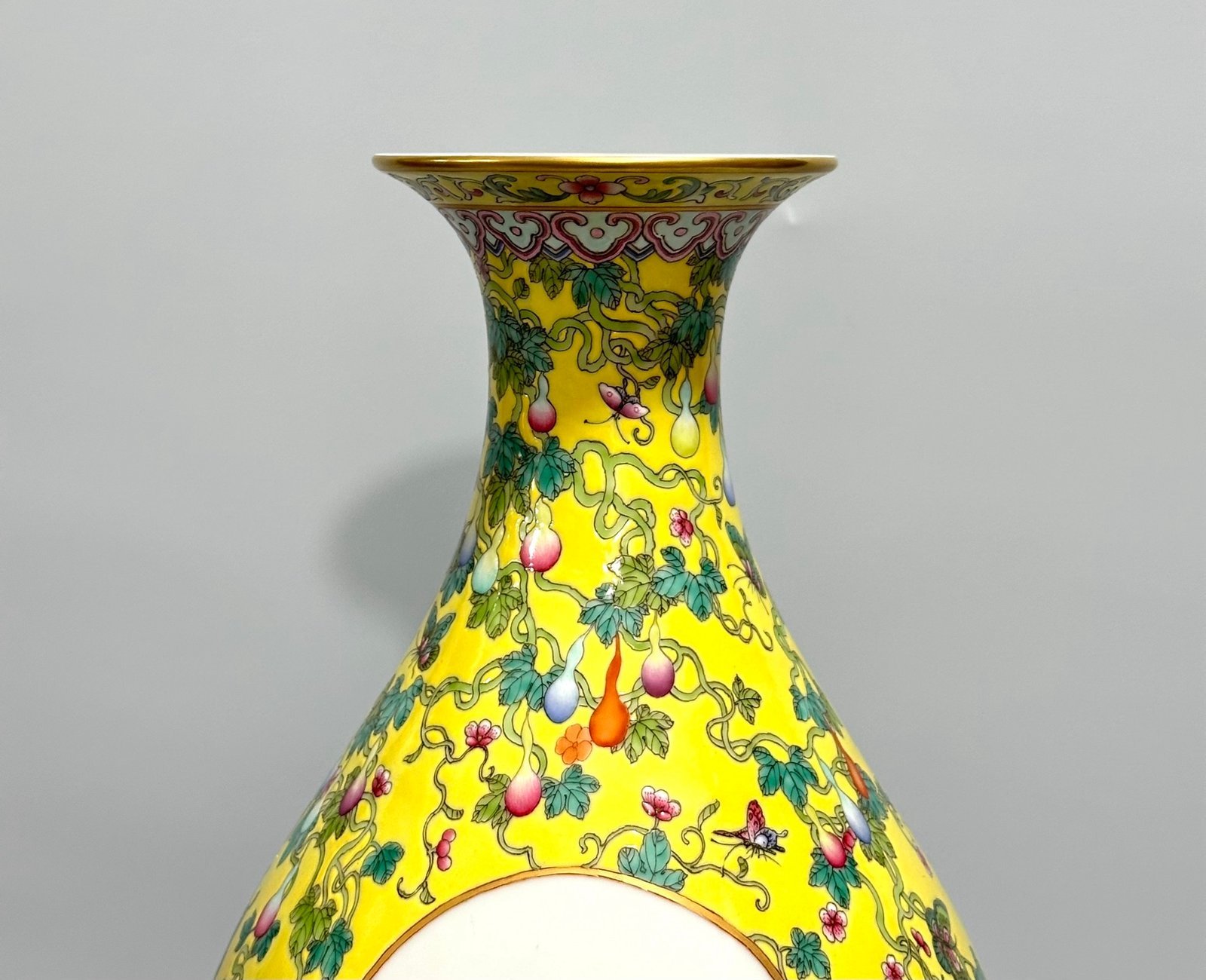 Qing Dynasty Yongzheng Enamel lemon yellow gourd butterfly branches window flower and bird olive vase