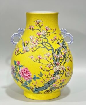 Qing Dynasty Yongzheng Enamel lemon yellow glaze orbital flower and bird poetry double-eared statue
