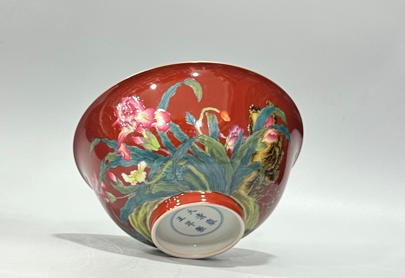 Qing Dynasty Yongzheng Enamel coral red orchid pattern bowl