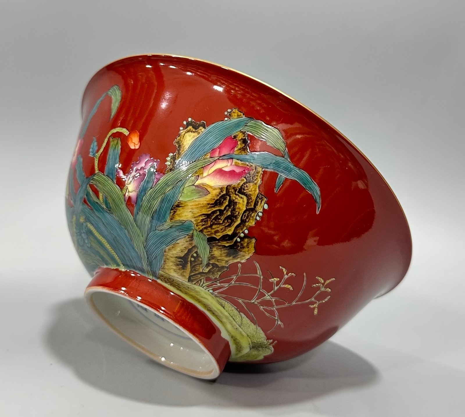 Qing Dynasty Yongzheng Enamel coral red orchid pattern bowl