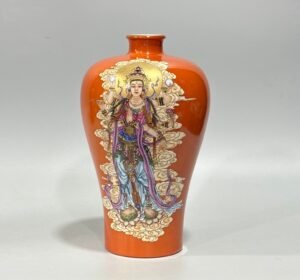 Qing Dynasty Yongzheng Enamel coral red thangka pattern small plum vase