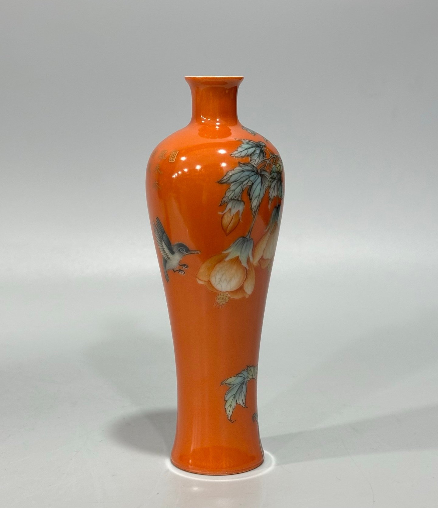 Qing Dynasty Yongzheng Small plum vase with enamel coral red flowers and birds gold-painted poems