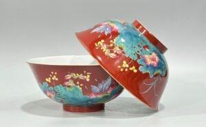Qing Dynasty Yongzheng Enamel coral red flower bird and butterfly love pattern bowl