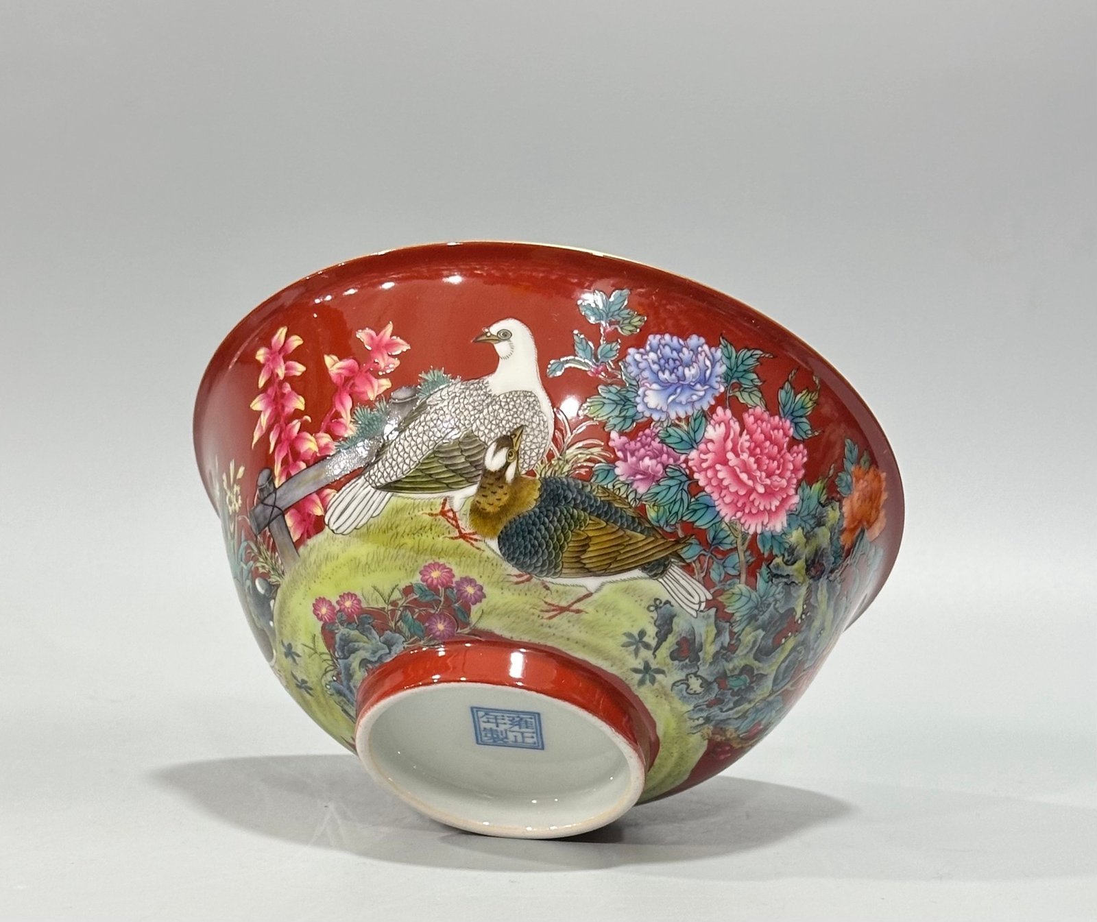 Qing Dynasty Yongzheng Enamel coral red flower and bird poetry bowl