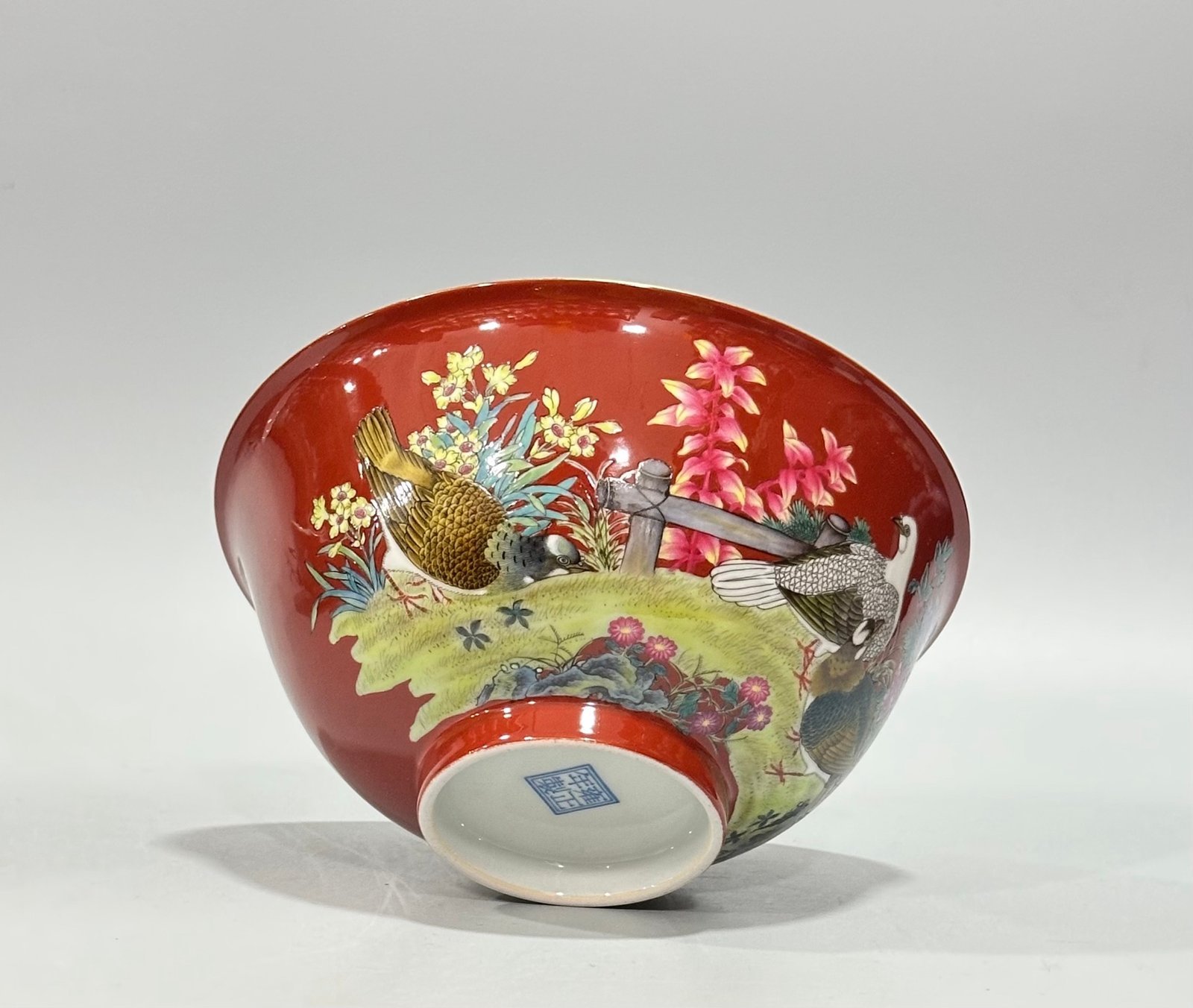 Qing Dynasty Yongzheng Enamel coral red flower and bird poetry bowl