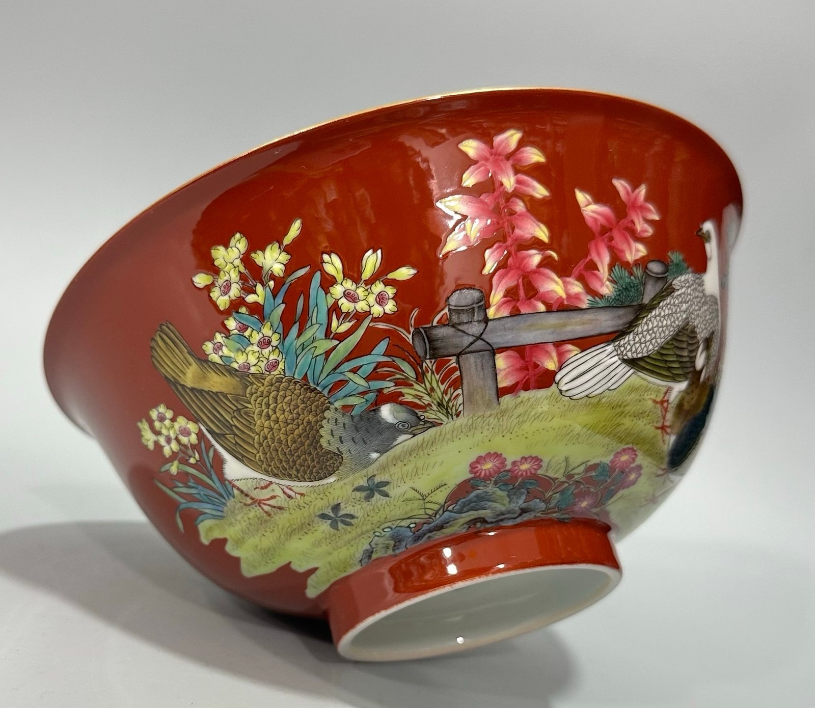 Qing Dynasty Yongzheng Enamel coral red flower and bird poetry bowl