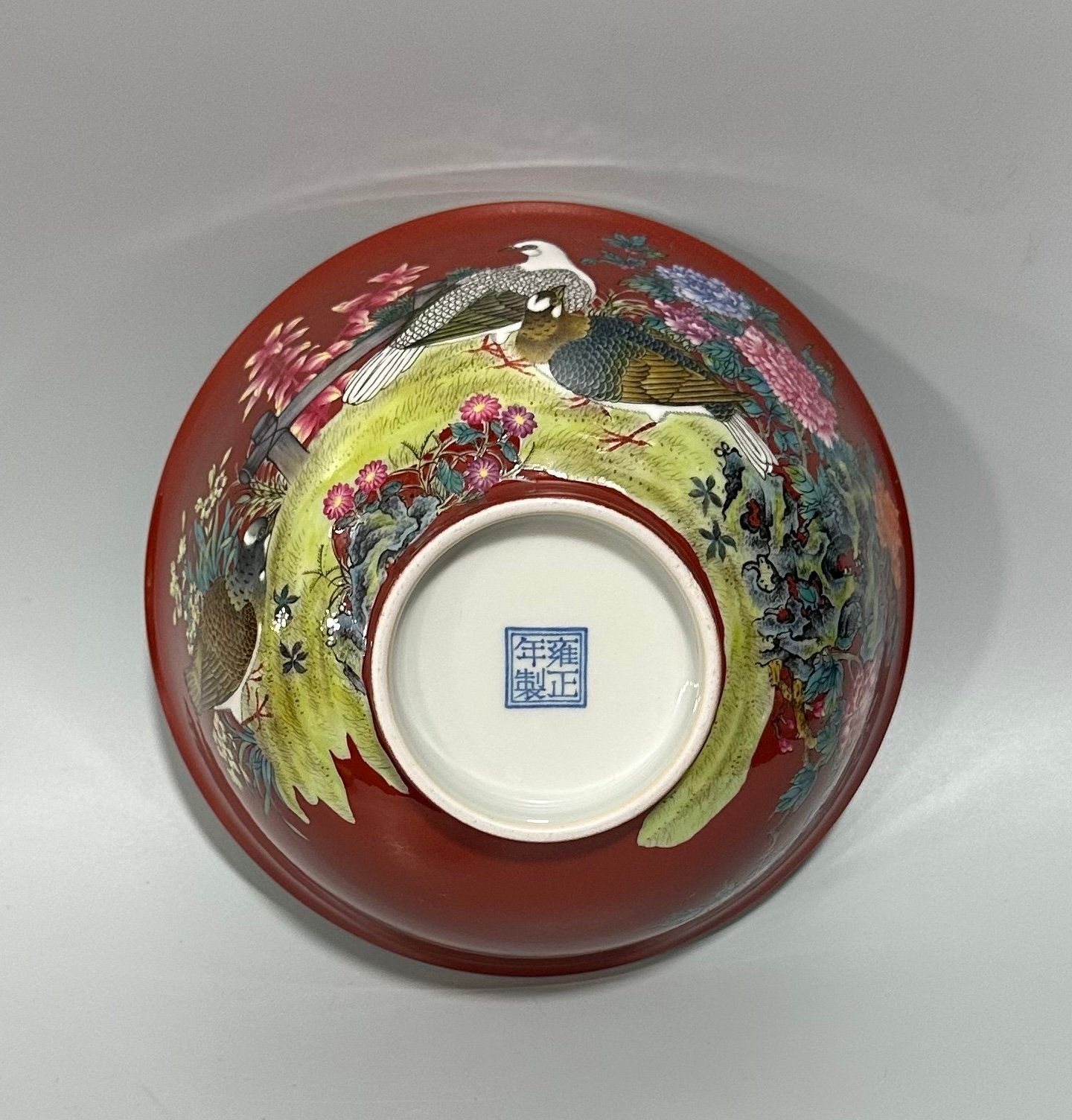 Qing Dynasty Yongzheng Enamel coral red flower and bird poetry bowl