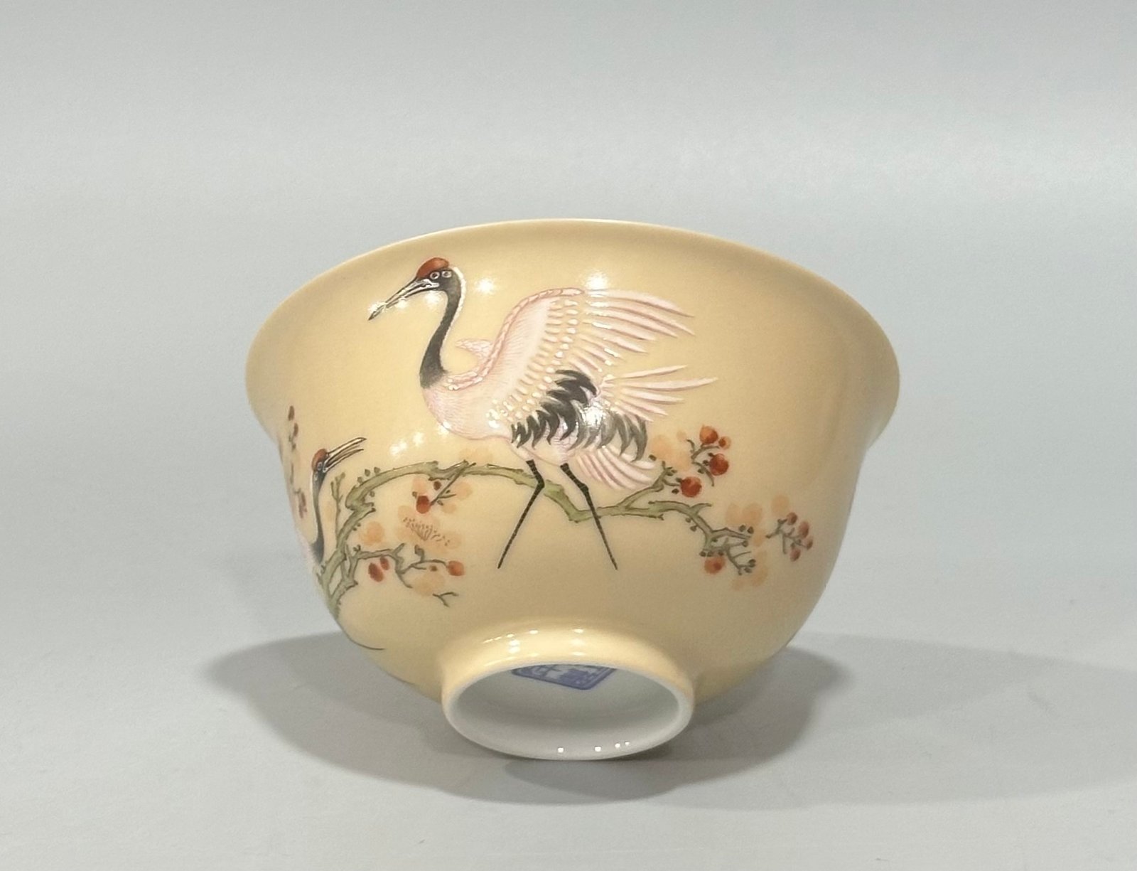 Qing Dynasty Yongzheng Enamel beige-glazed cup with plum and crane patterns