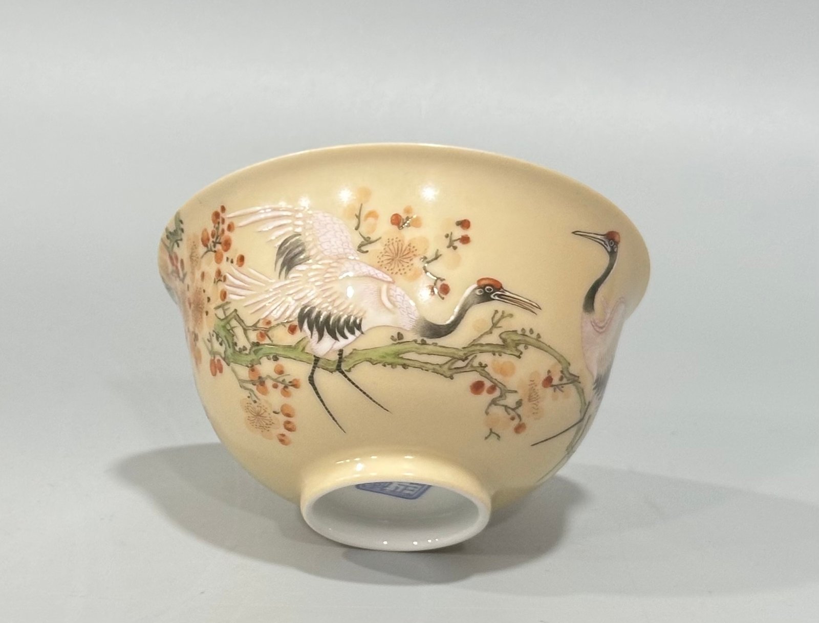 Qing Dynasty Yongzheng Enamel beige-glazed cup with plum and crane patterns