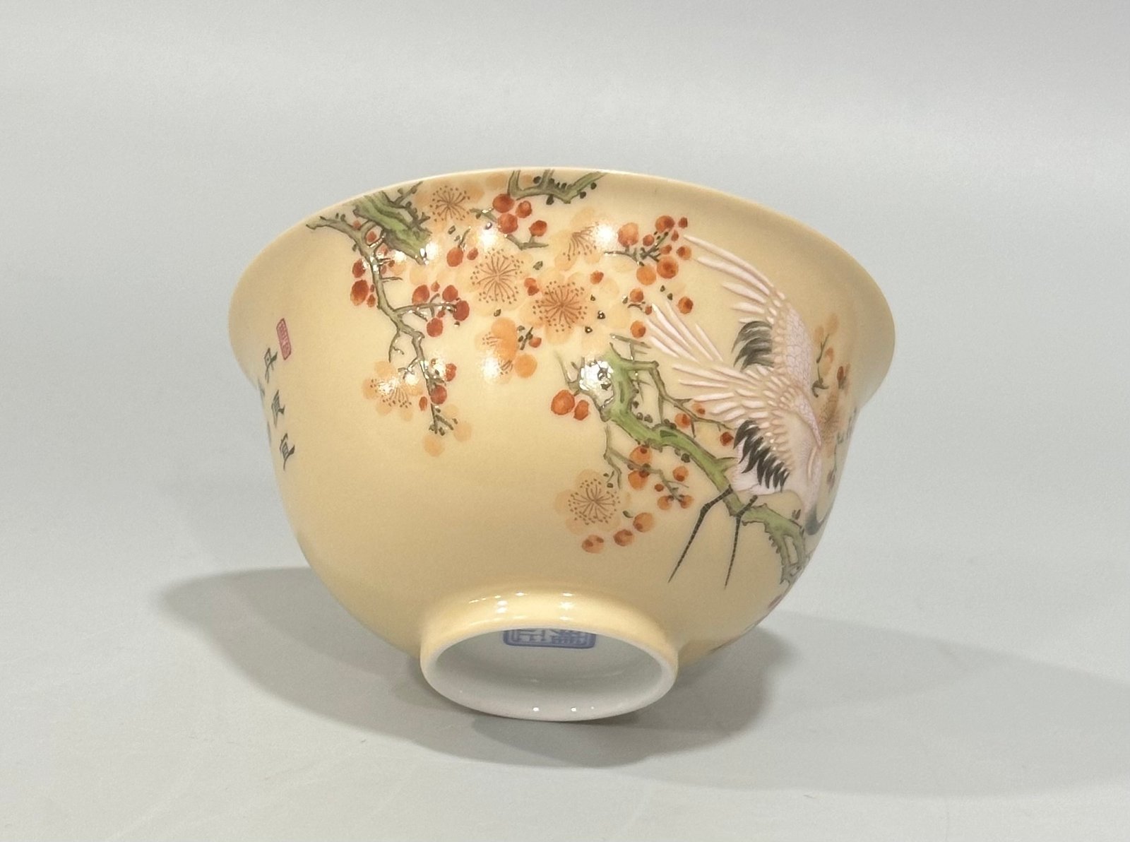 Qing Dynasty Yongzheng Enamel beige-glazed cup with plum and crane patterns