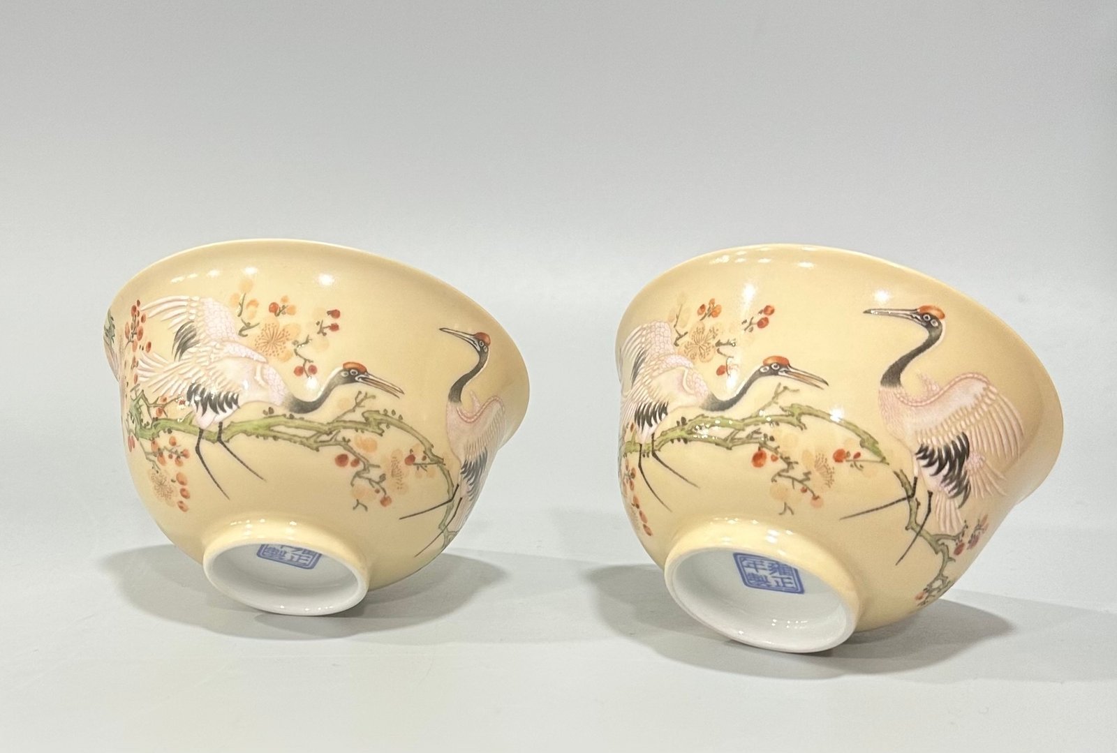 Qing Dynasty Yongzheng Enamel beige-glazed cup with plum and crane patterns