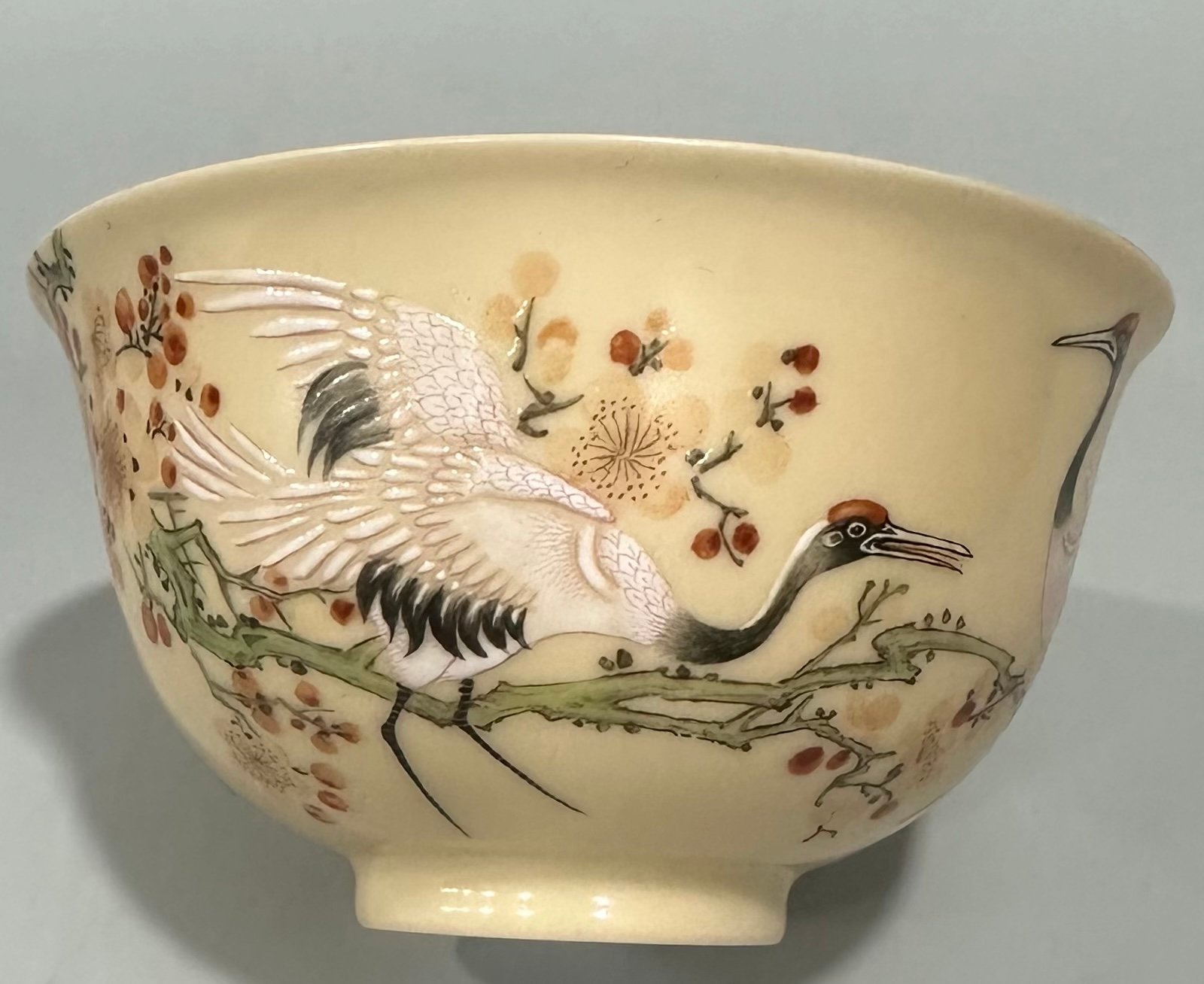 Qing Dynasty Yongzheng Enamel beige-glazed cup with plum and crane patterns