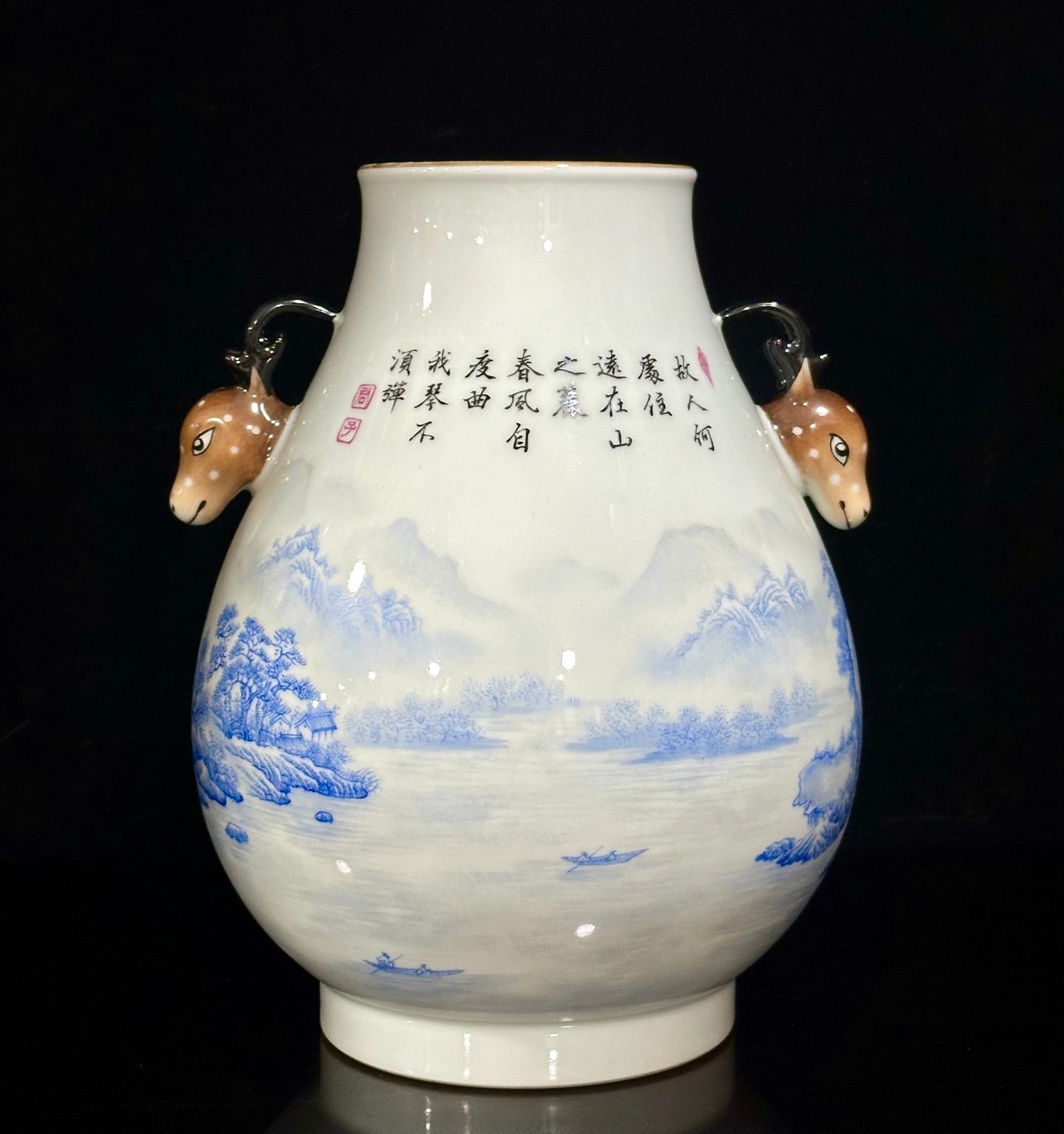 Qing Dynasty Yongzheng Enamel landscape pavilion figures poems and deer-headed statue