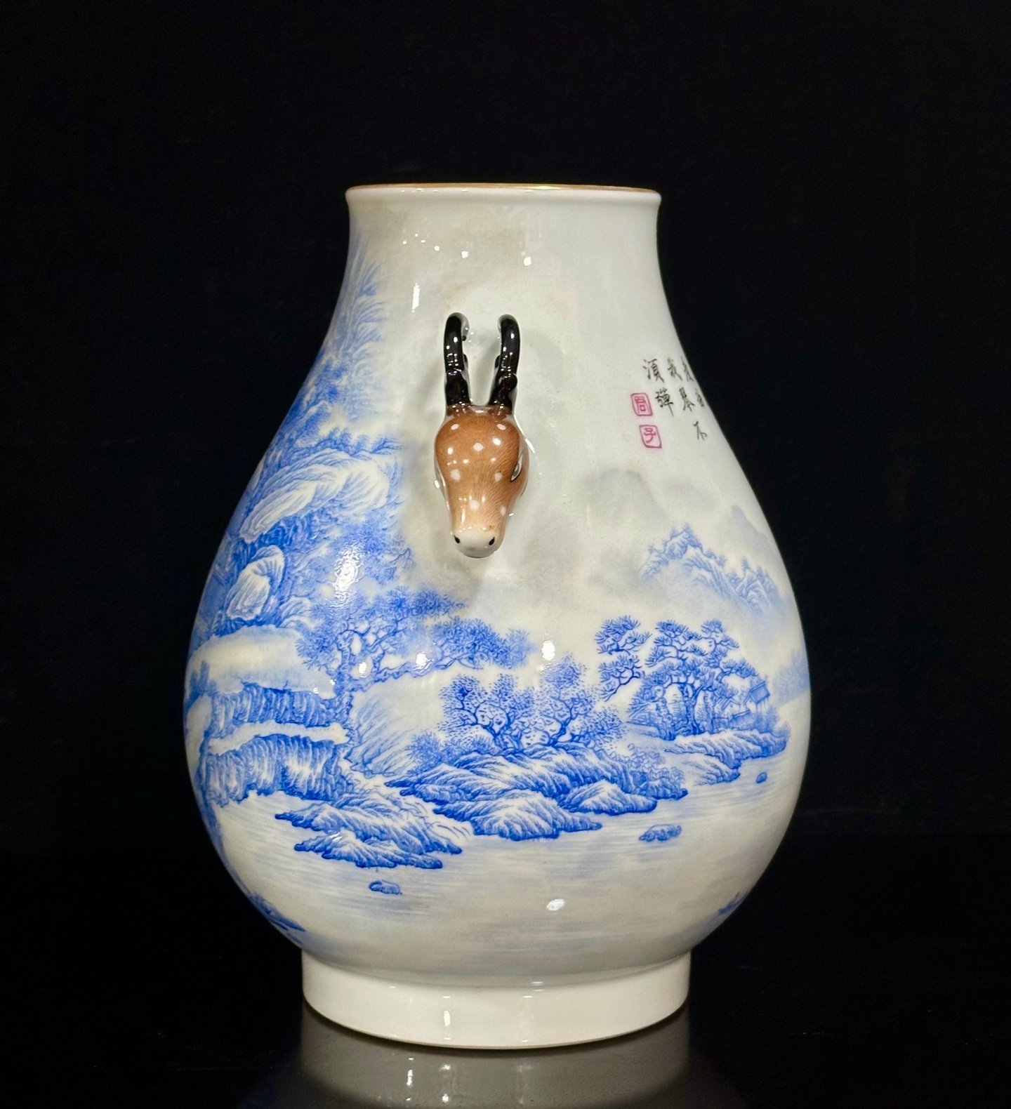 Qing Dynasty Yongzheng Enamel landscape pavilion figures poems and deer-headed statue