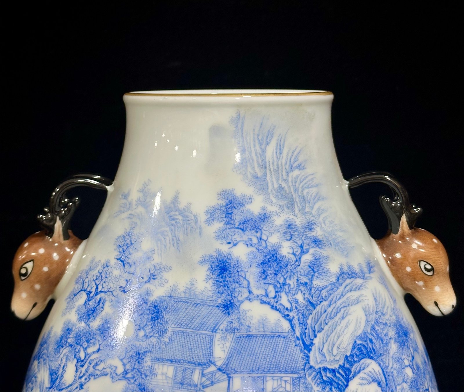 Qing Dynasty Yongzheng Enamel landscape pavilion figures poems and deer-headed statue