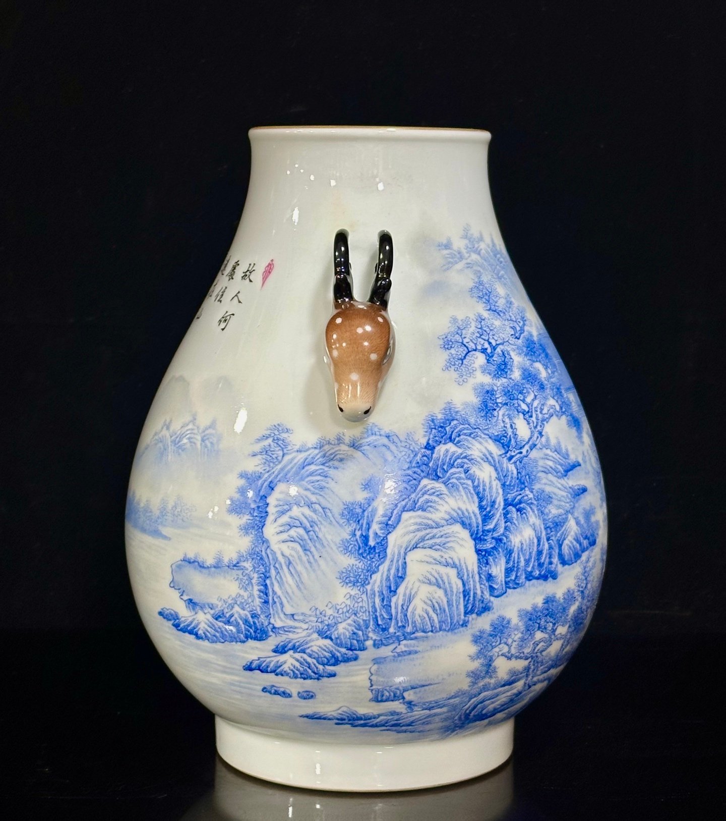 Qing Dynasty Yongzheng Enamel landscape pavilion figures poems and deer-headed statue