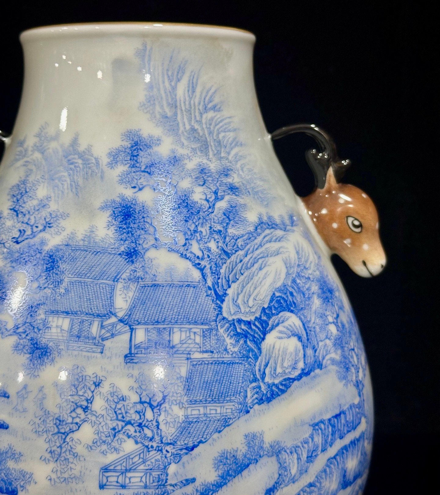 Qing Dynasty Yongzheng Enamel landscape pavilion figures poems and deer-headed statue