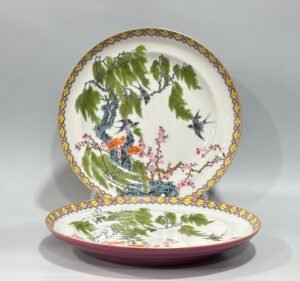 Qing Dynasty Yongzheng Enamel and rouge red plate with flowers birds willows and swallows on the inside