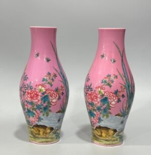Qing Dynasty Yongzheng Enamel rouge red olive vase with floral and insect patterns