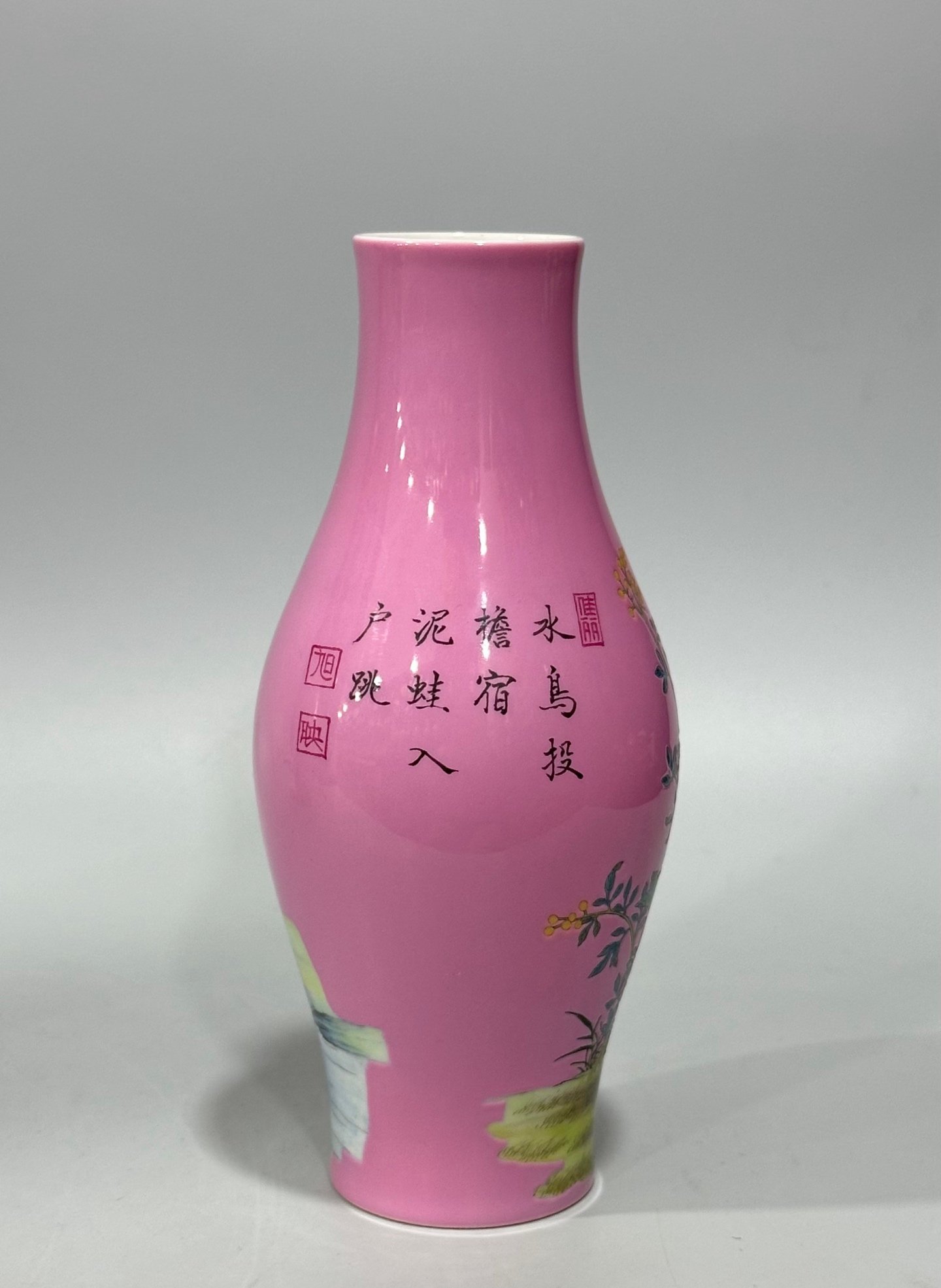 Qing Dynasty Yongzheng Enamel rouge red olive vase with floral and insect patterns