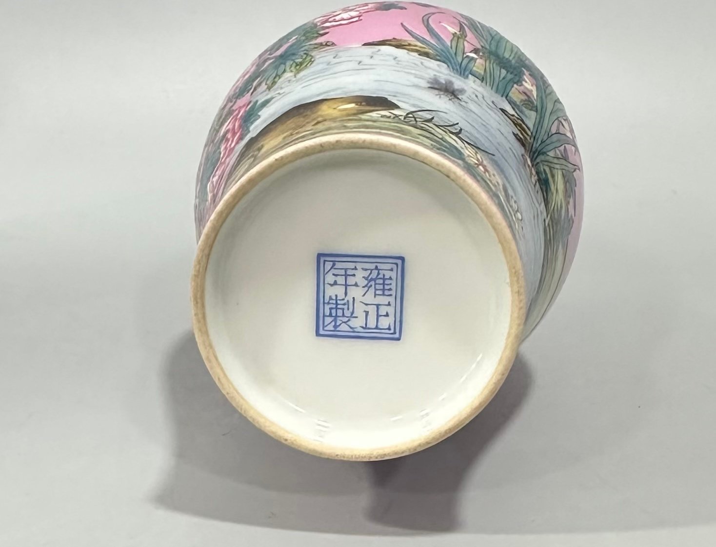 Qing Dynasty Yongzheng Enamel rouge red olive vase with floral and insect patterns