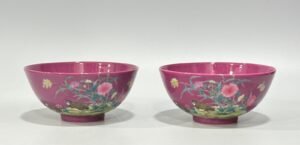 Qing Dynasty Yongzheng Enamel rouge red flower and bird poetry bowl
