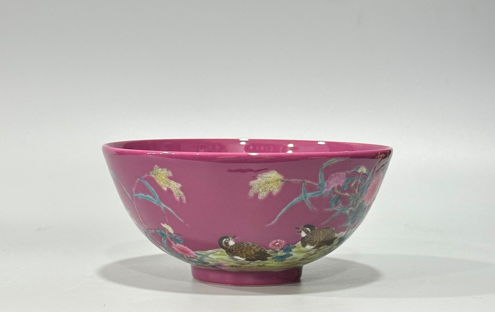 Qing Dynasty Yongzheng Enamel rouge red flower and bird poetry bowl