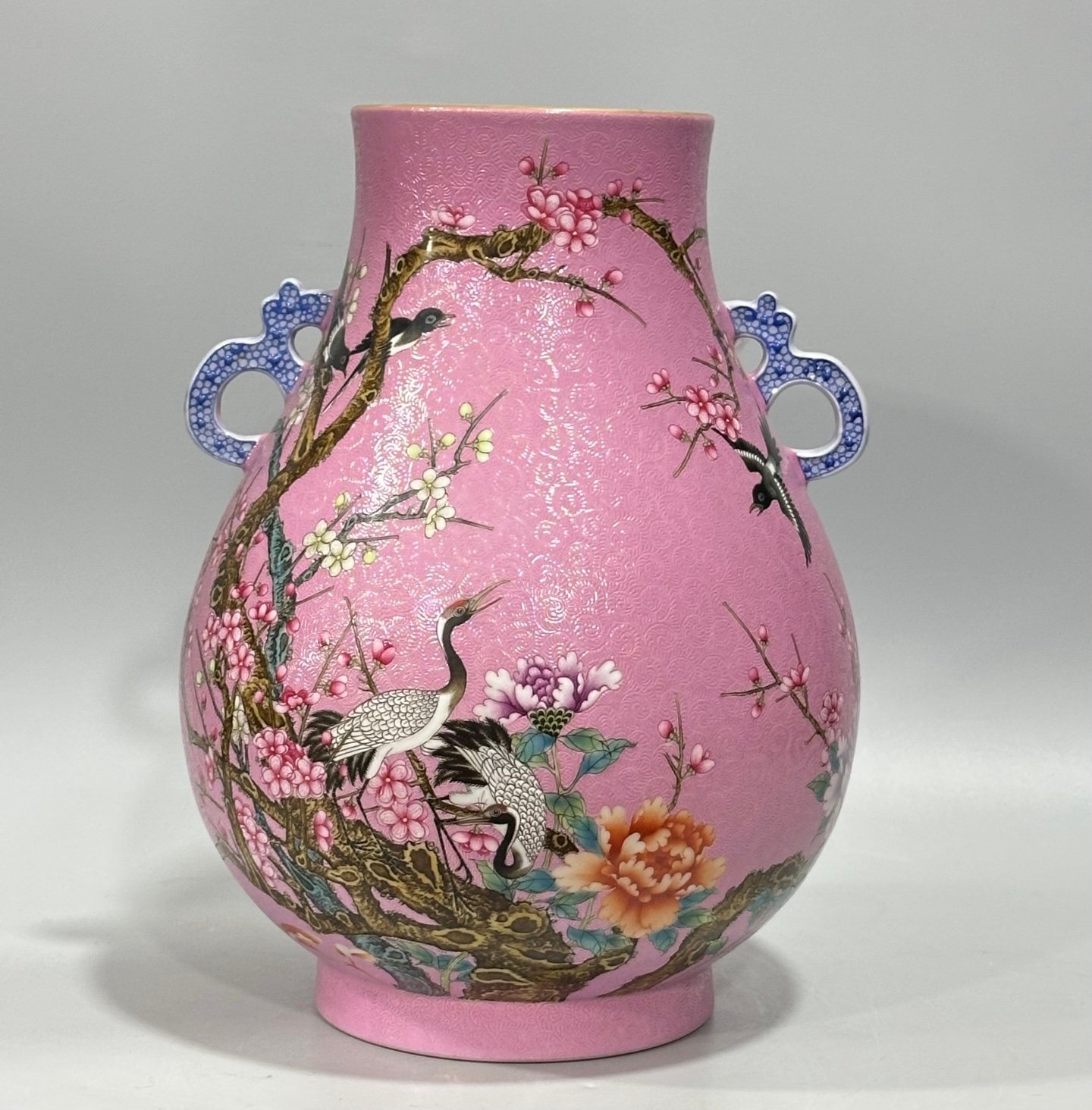 Qing Dynasty Yongzheng Enamel and rouge red track flower and bird poems and two-eared statue