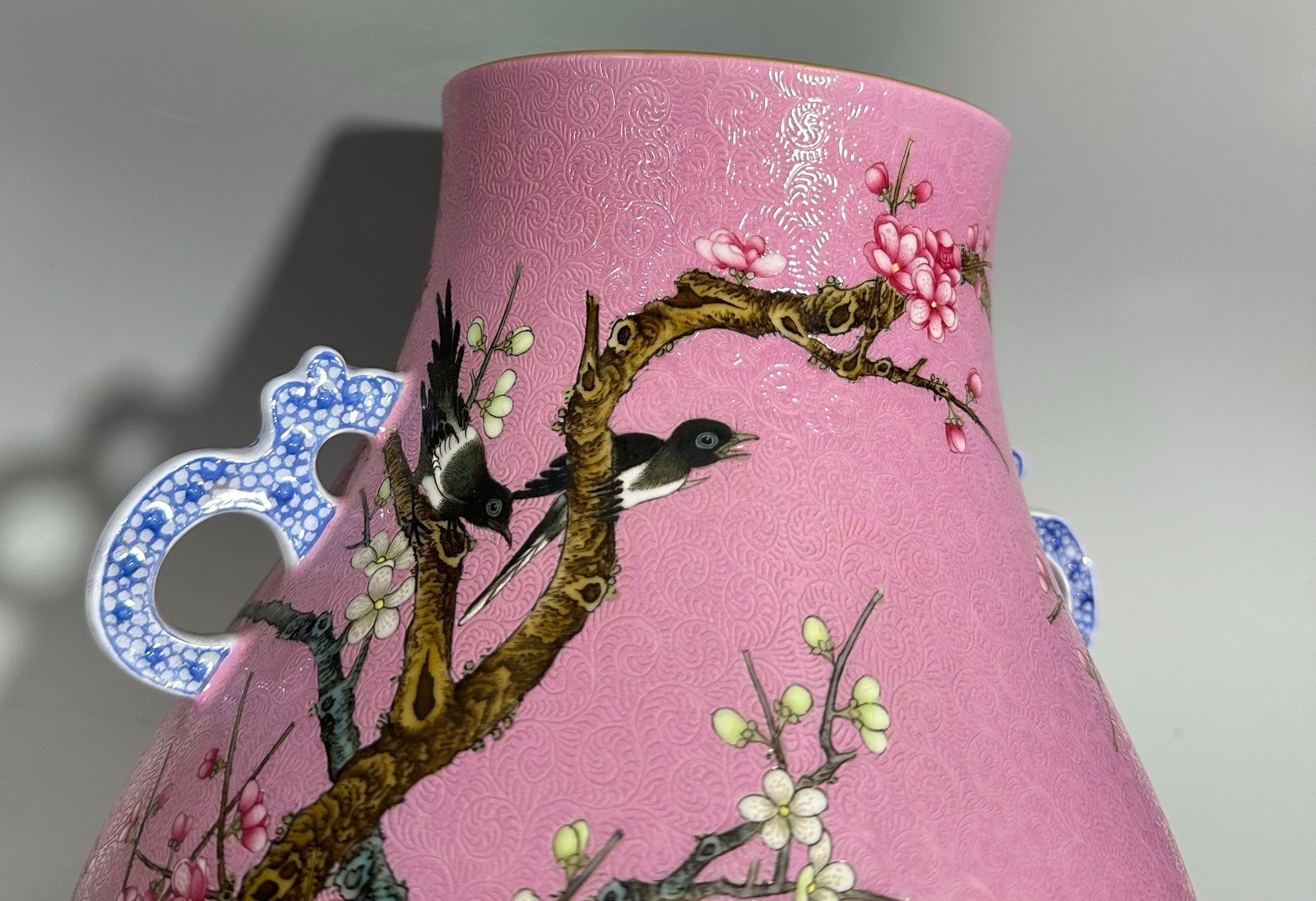 Qing Dynasty Yongzheng Enamel and rouge red track flower and bird poems and two-eared statue