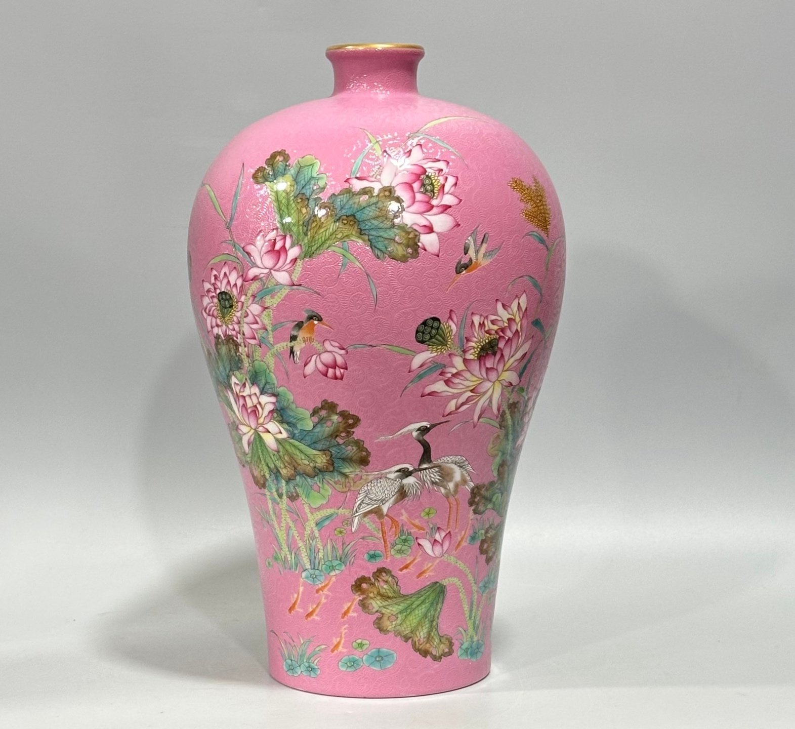 Qing Dynasty Yongzheng enamel rouge red track flower and bird poetry plum vase