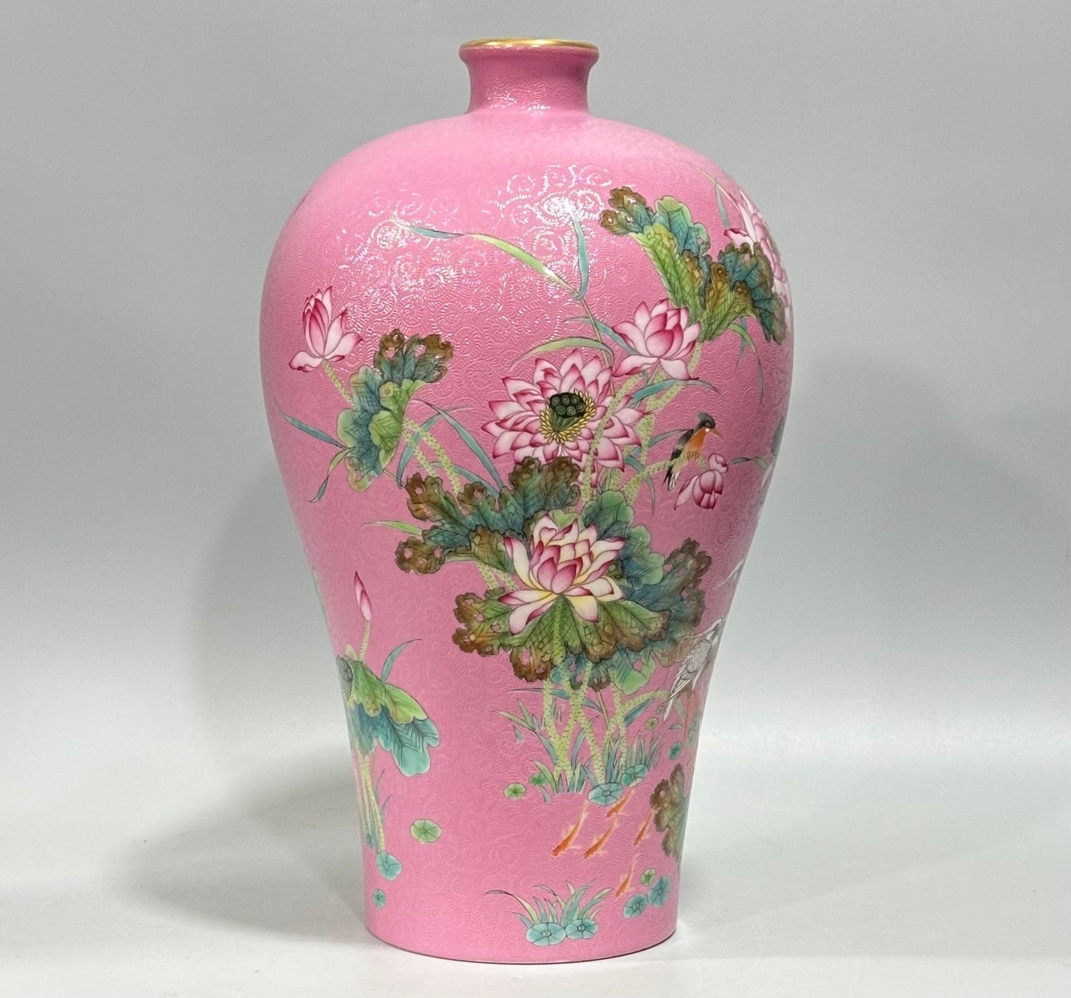 Qing Dynasty Yongzheng enamel rouge red track flower and bird poetry plum vase