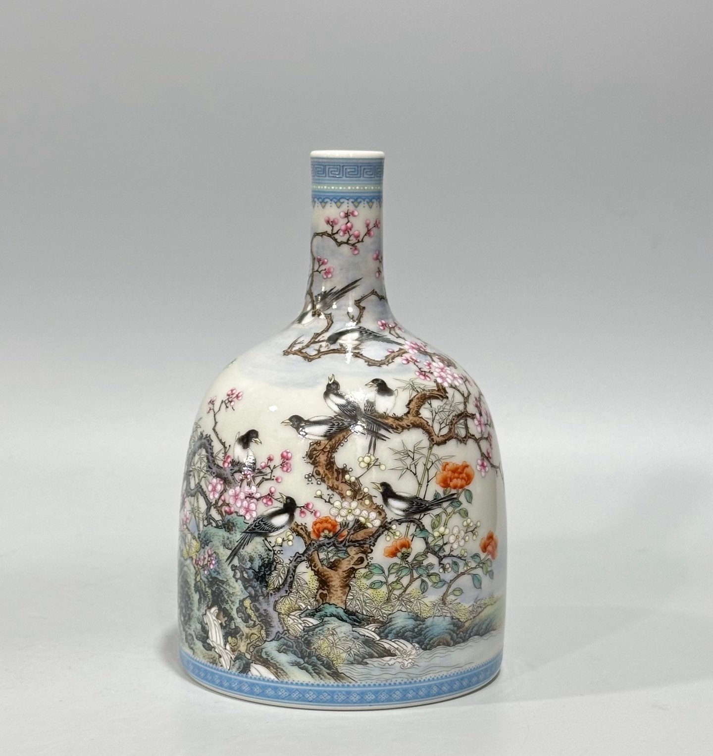 Qing Dynasty Yongzheng Enamel rattle statue with twelve magpies and flowers and birds