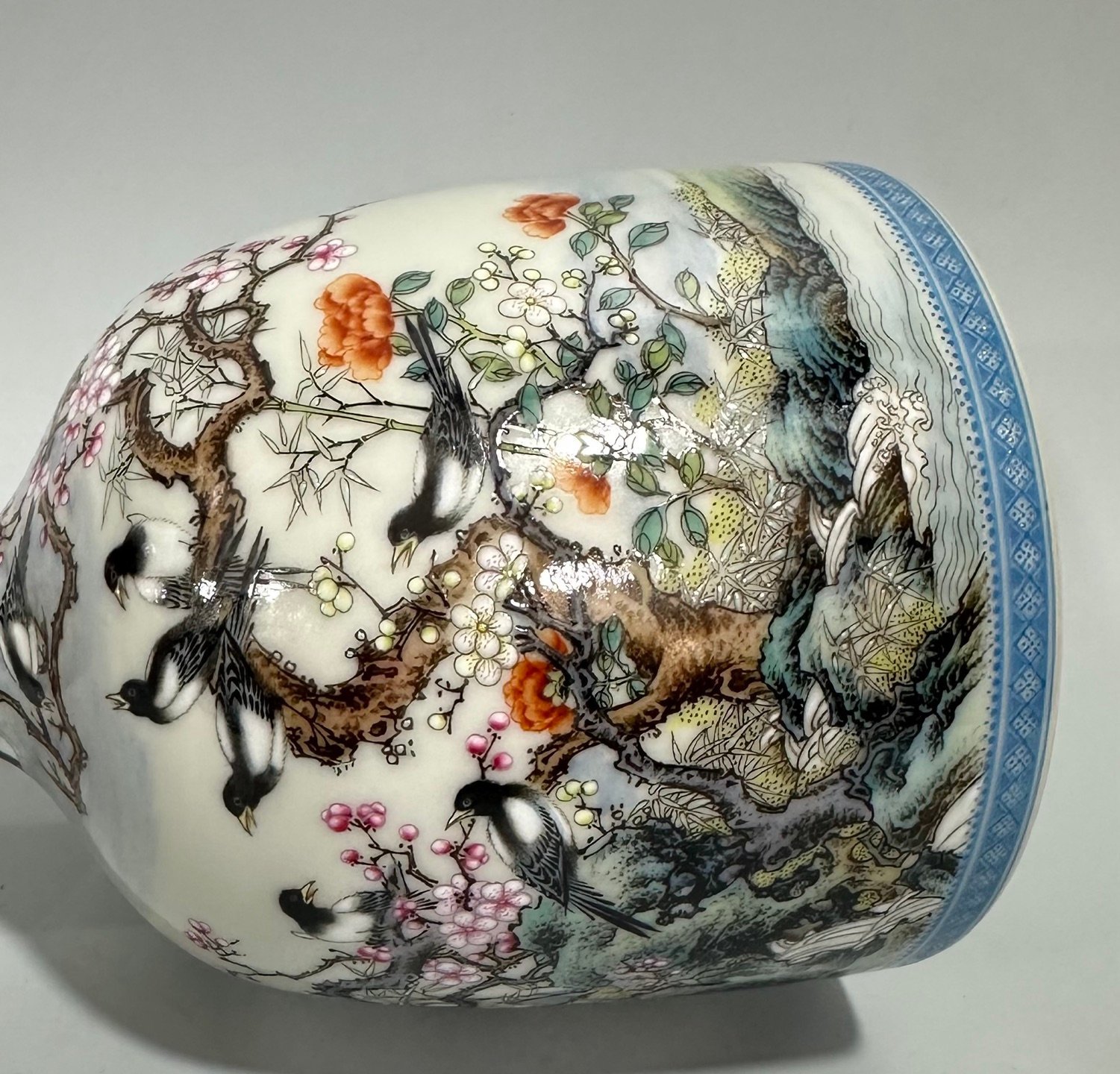 Qing Dynasty Yongzheng Enamel rattle statue with twelve magpies and flowers and birds