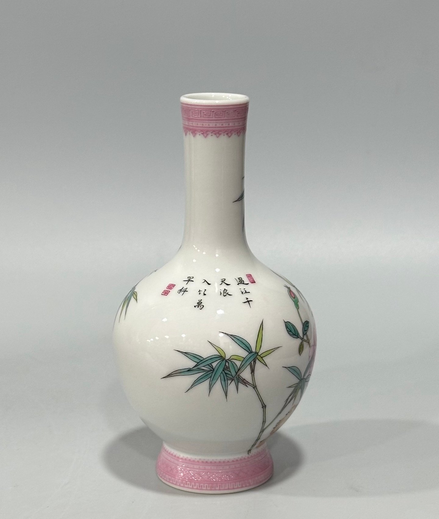Qing Dynasty Yongzheng Enamel vase with flowers and birds poems and pros