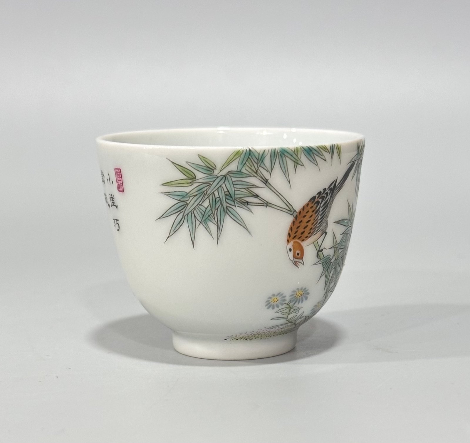 Qing Dynasty Yongzheng Enamel flower and bird poetry cup